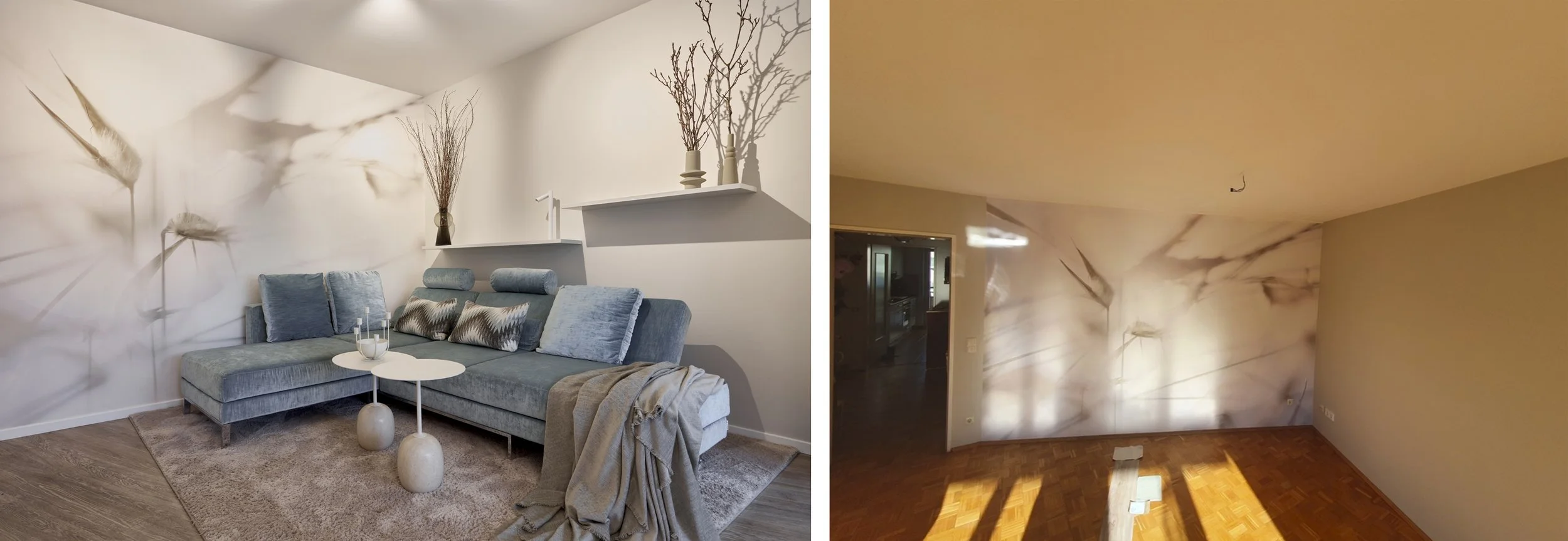 Wohnzimmer Nachher Sofa hellblau Wandtapete beige Wohnzimmer Vorher