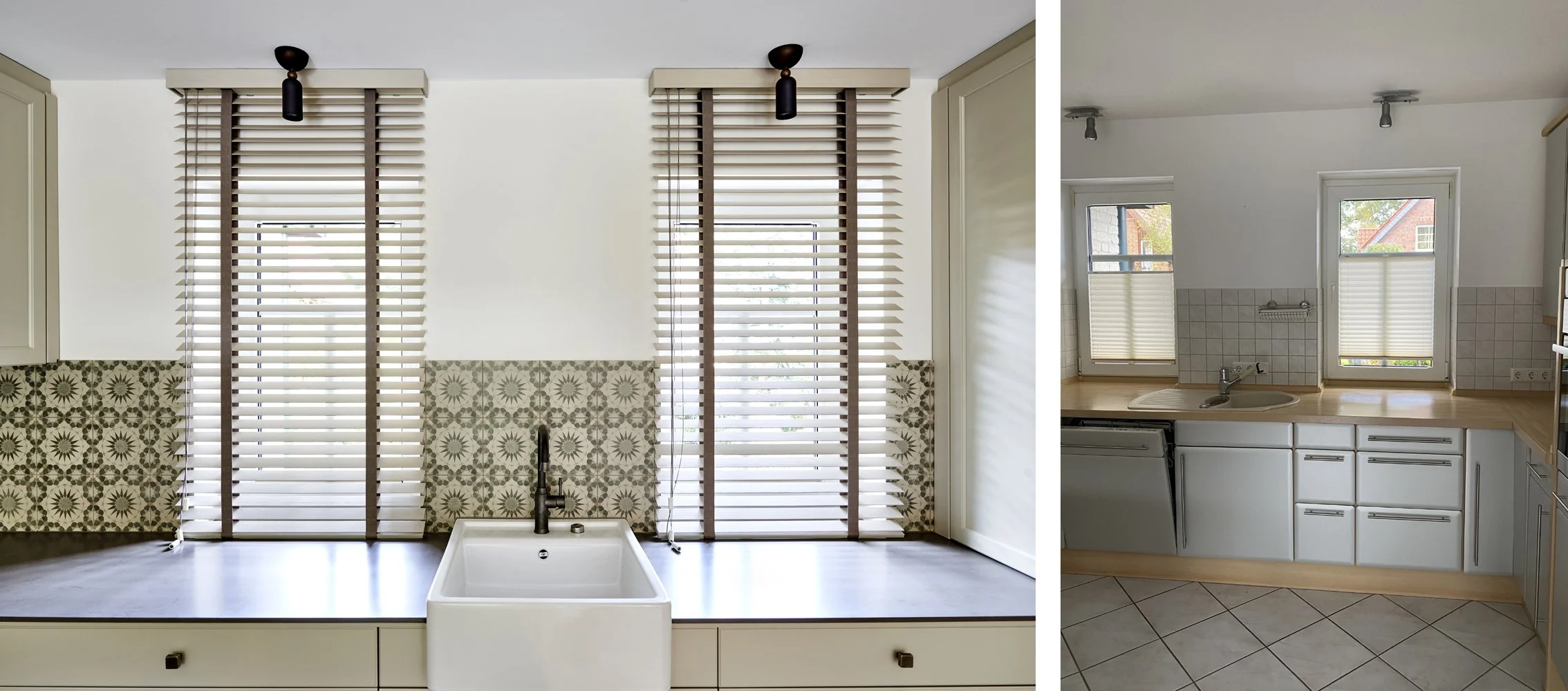 Küche Nachher Country Spülbecken Keramik Spritzschutz Fliesen floral Küche Vorher