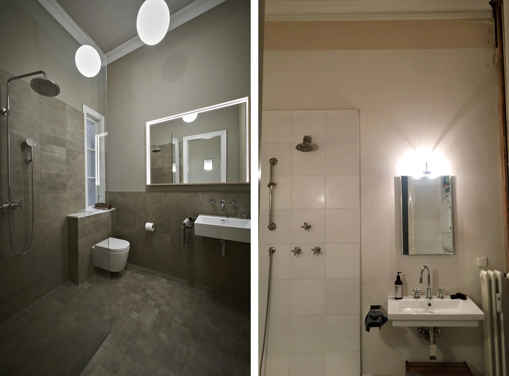 Bad Nachher Fliesen Wandfarbe graubraun Bad Weiss Vorher