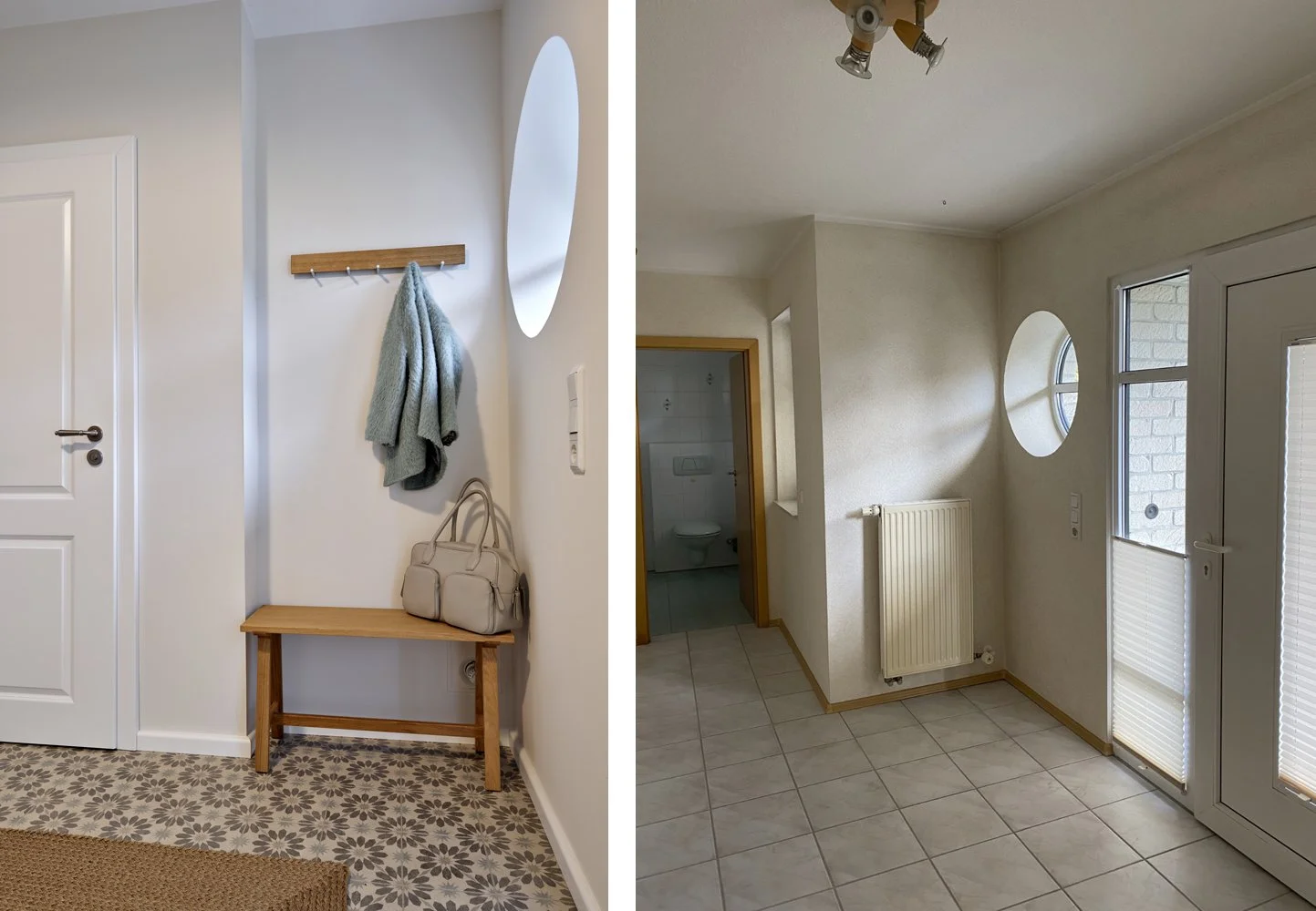 Flur Nachher gemusterte Bodenfliesen Sitzbank Holz Flur Vorher