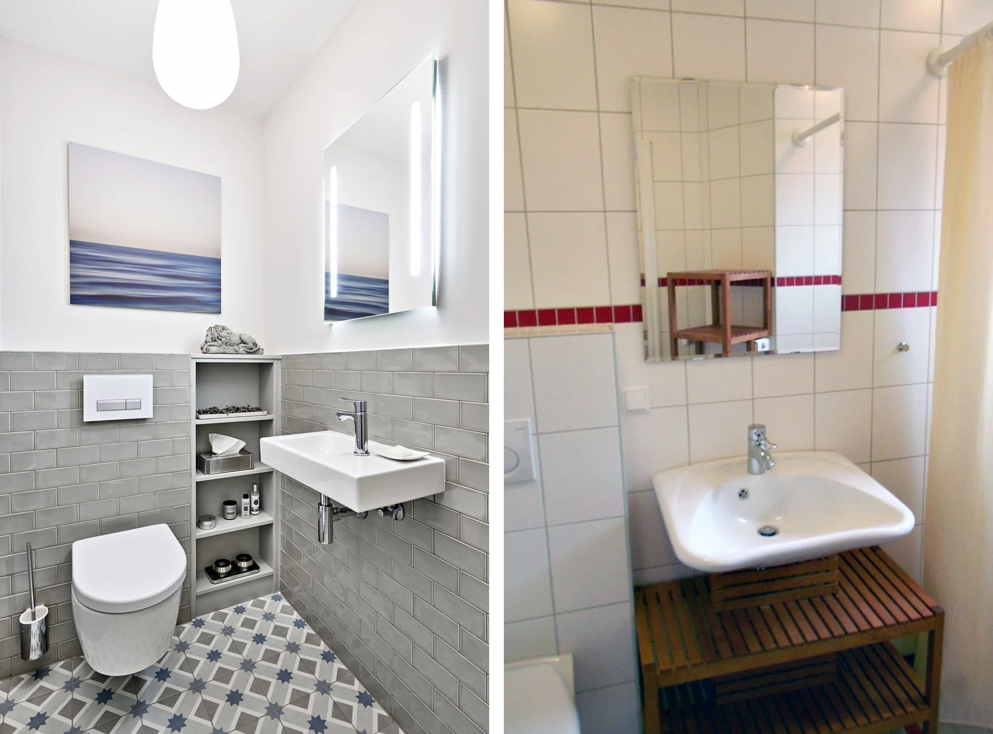 Gästebad Nachher Bodenfliesen gemustert Wandfliesen grau Gästebad Vorher