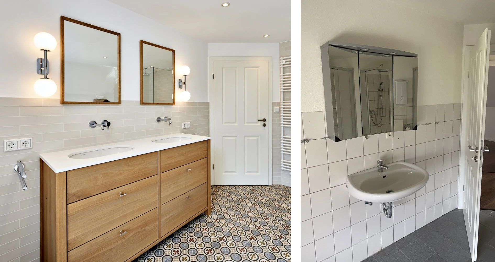 Bad Nachher Bodenfliesen gemustert Doppel-Waschtischanlage Holz Wandarmaturen Spiegel Wandleuchten Bad Vorher