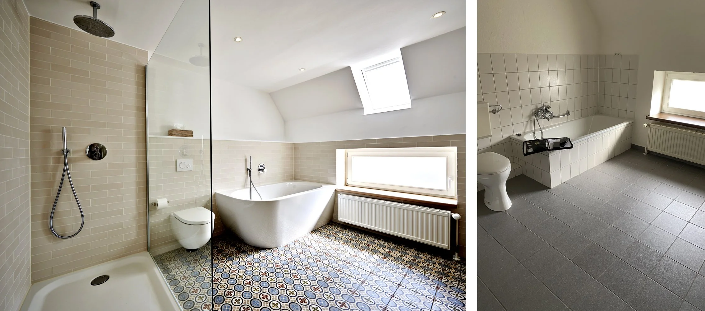 Bad Nachher Badewanne Bodenfliesen gemustert Dusche Bad Vorher