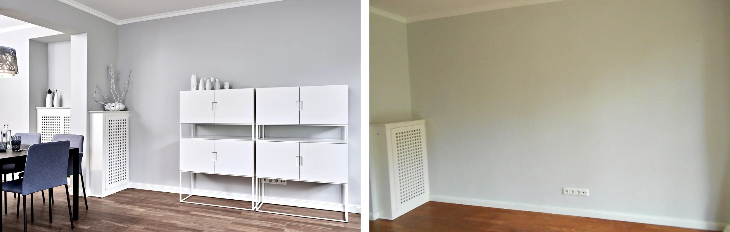Esszimmer Nachher Sideboard Weiss OUT Holzboden Wandfarbe hellgrau Esszimmer Vorher
