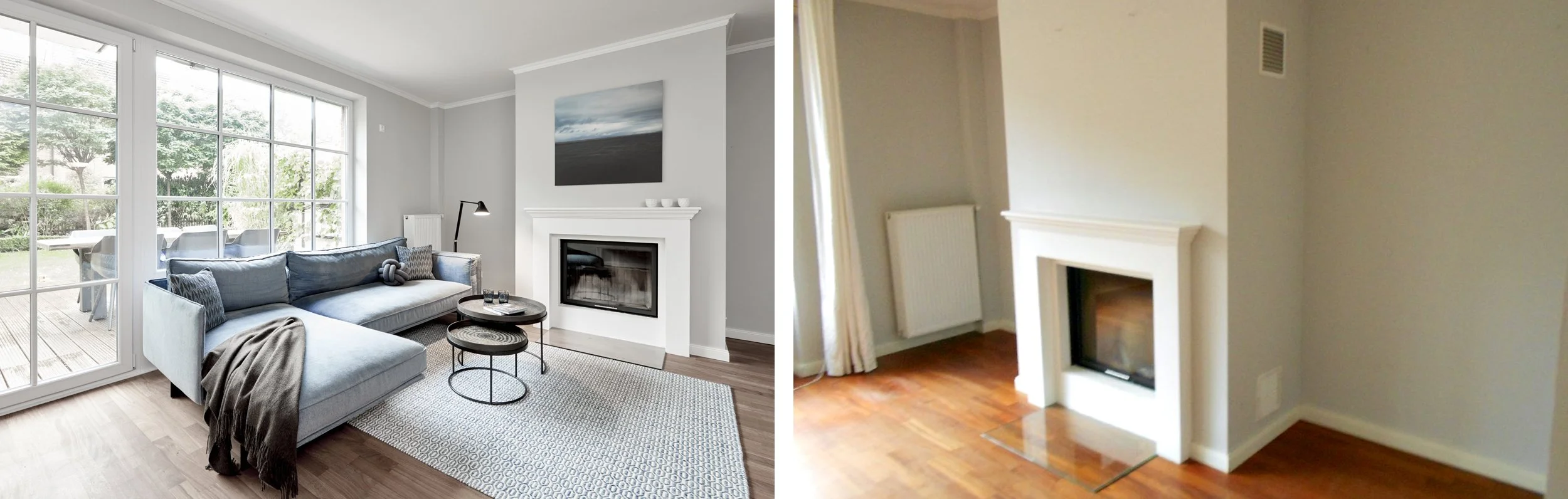 Wohnzimmer Nachher Kamin Sofa hellblau Teppich gemustert Wohnzimmer Vorher