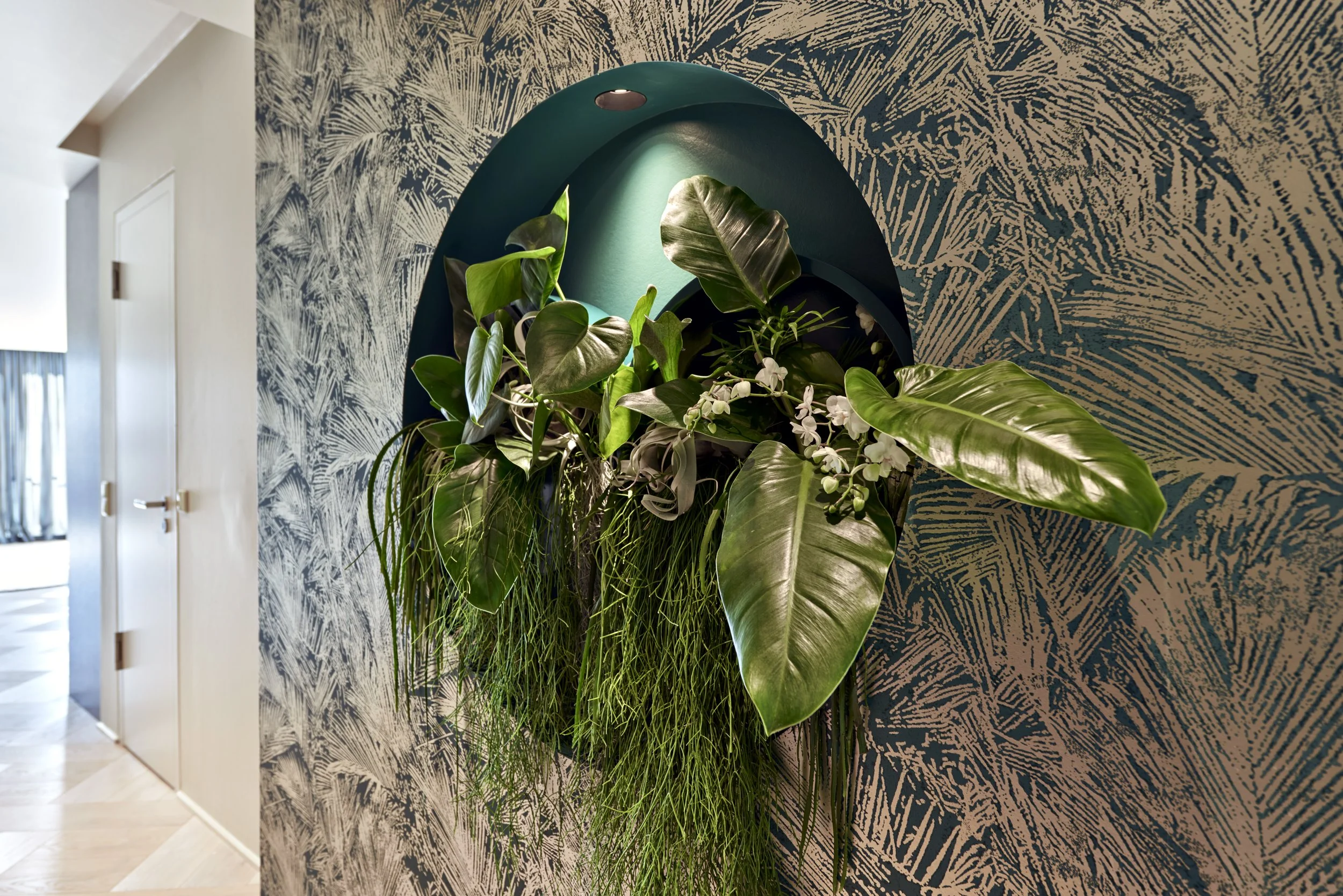Flur Wandgestaltung Pflanzen Tapetenwand Apartment HafenCity