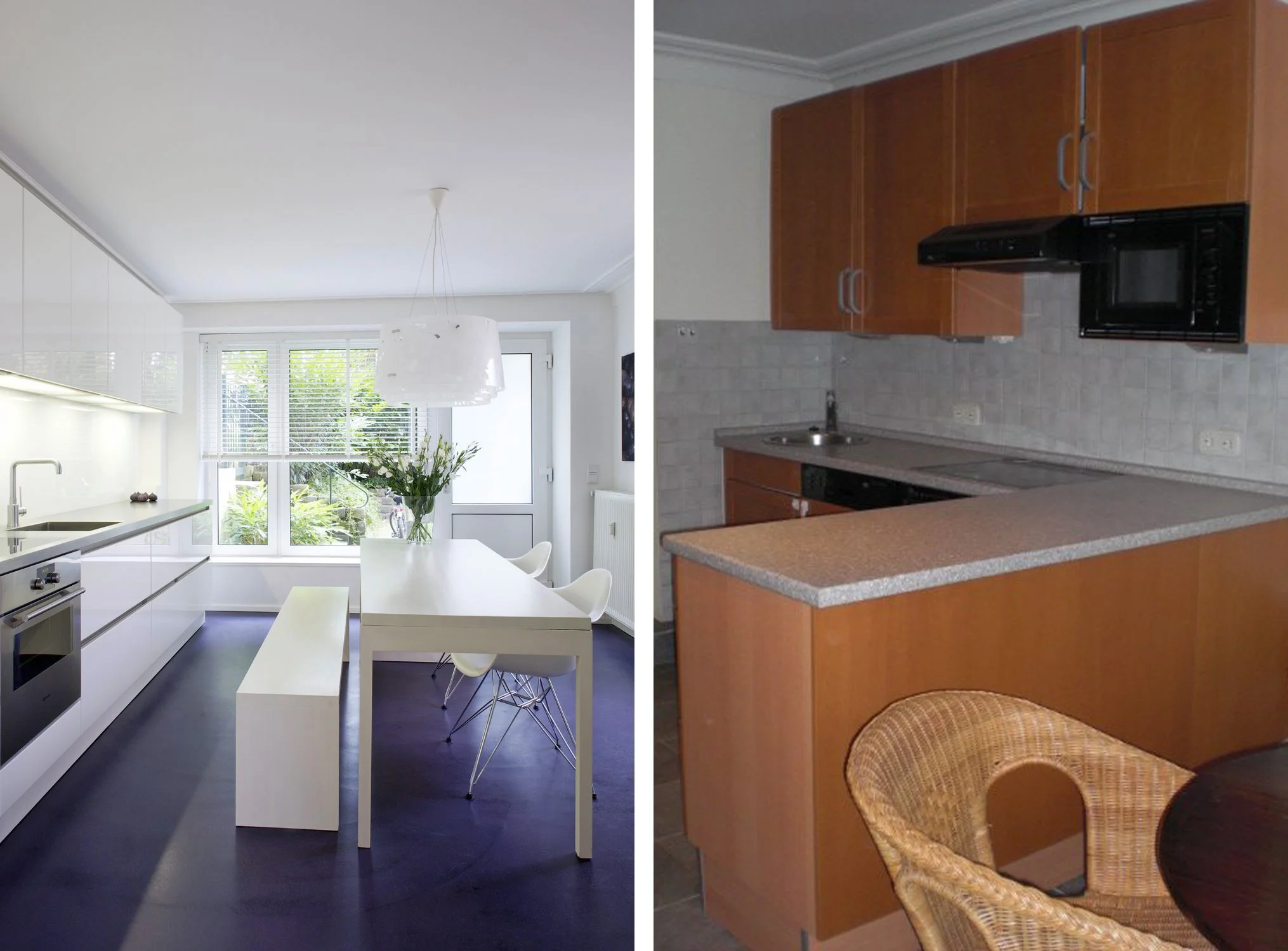 Küche Nachher Modern Weiss Edelstahl Oberschränke Möbel Weiss Boden Violett Küche Vorher