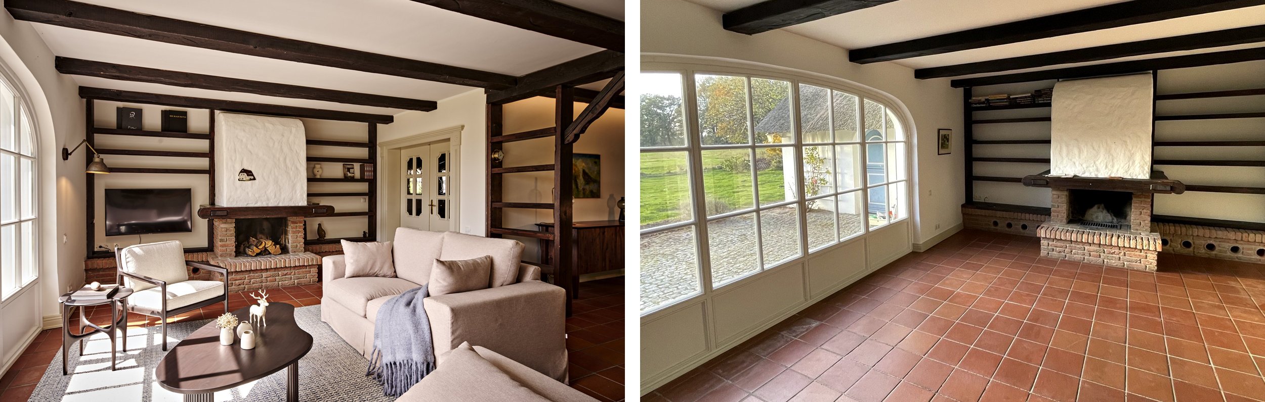 Wohnzimmer Nachher offener Kamin Ferienhaus dunkles Holz Sofa hell Wohnzimmer Vorher