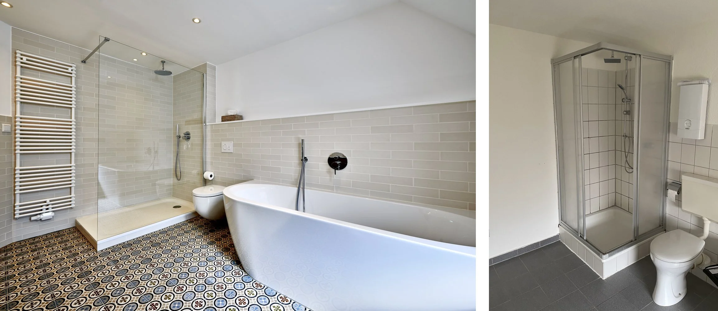 Bad Nachher Badewanne Bodenfliesen gemustert hell Bad Vorher