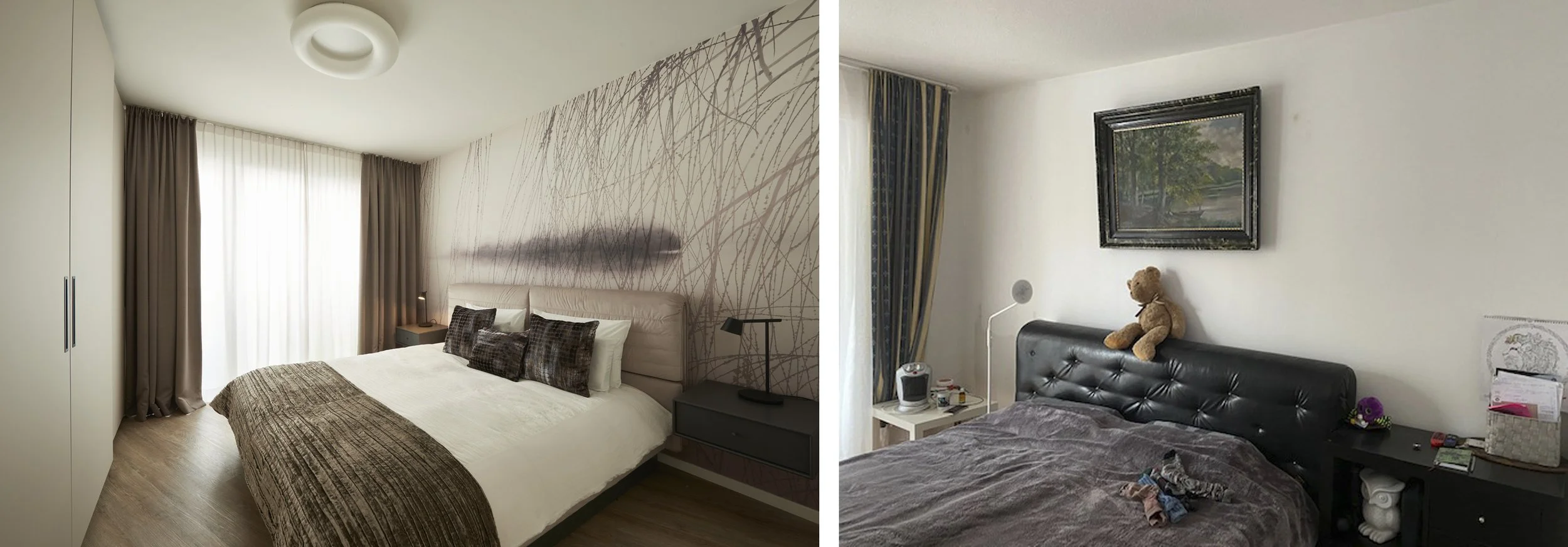 Schlafzimmer Nachher hell dunkel Kontrast Wandtapete Einbauschrank Schlafzimmer Vorher