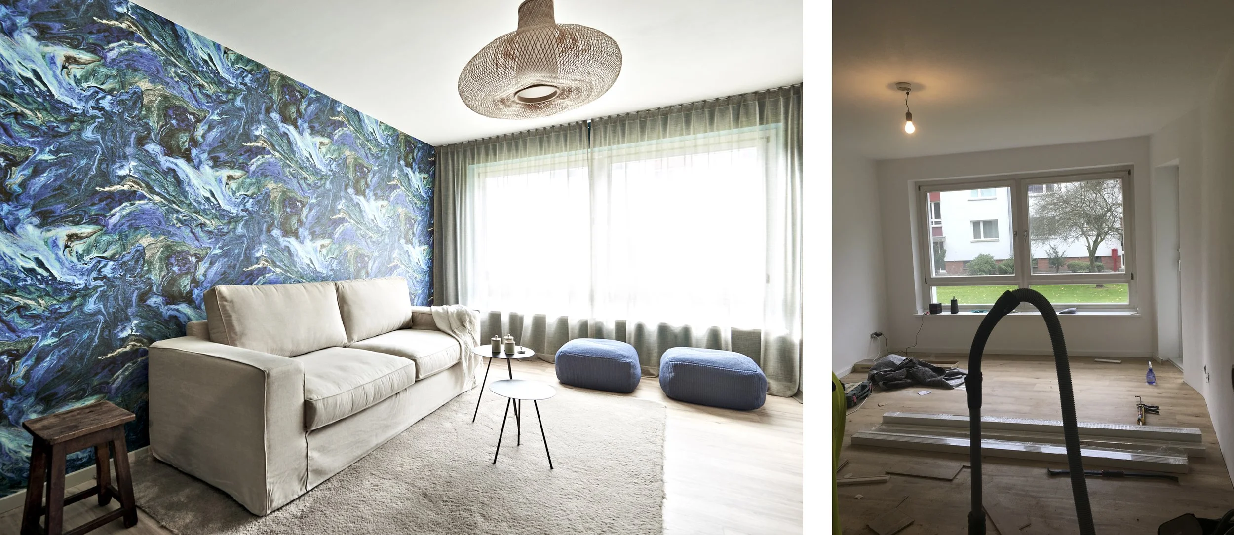 Wohnzimmer Nachher Tapete blaugrün Sofa Teppich beige Wohnzimmer Vorher