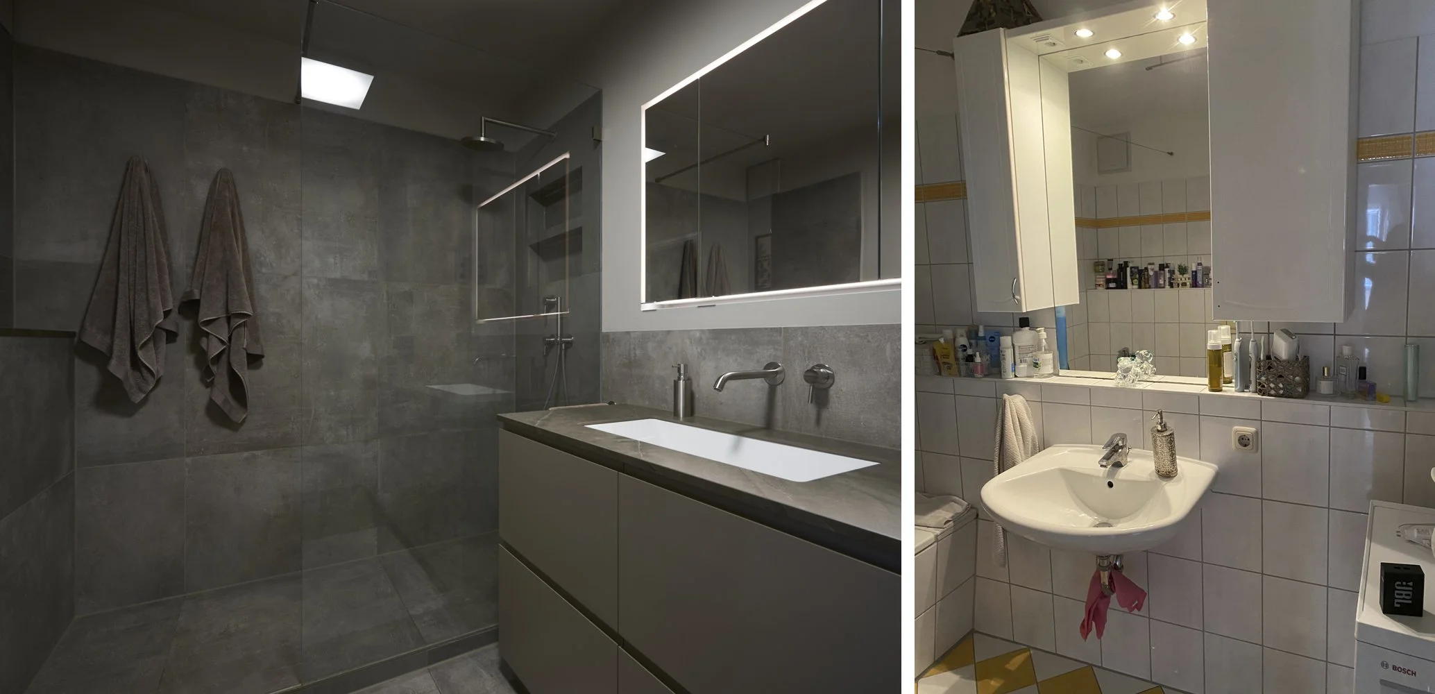 Bad Nachher Waschtischanlage Tischler Unterbaubecken rechteckig Wandarmatur Spiegelbeleuchtung Bad Waschbecken Vorher