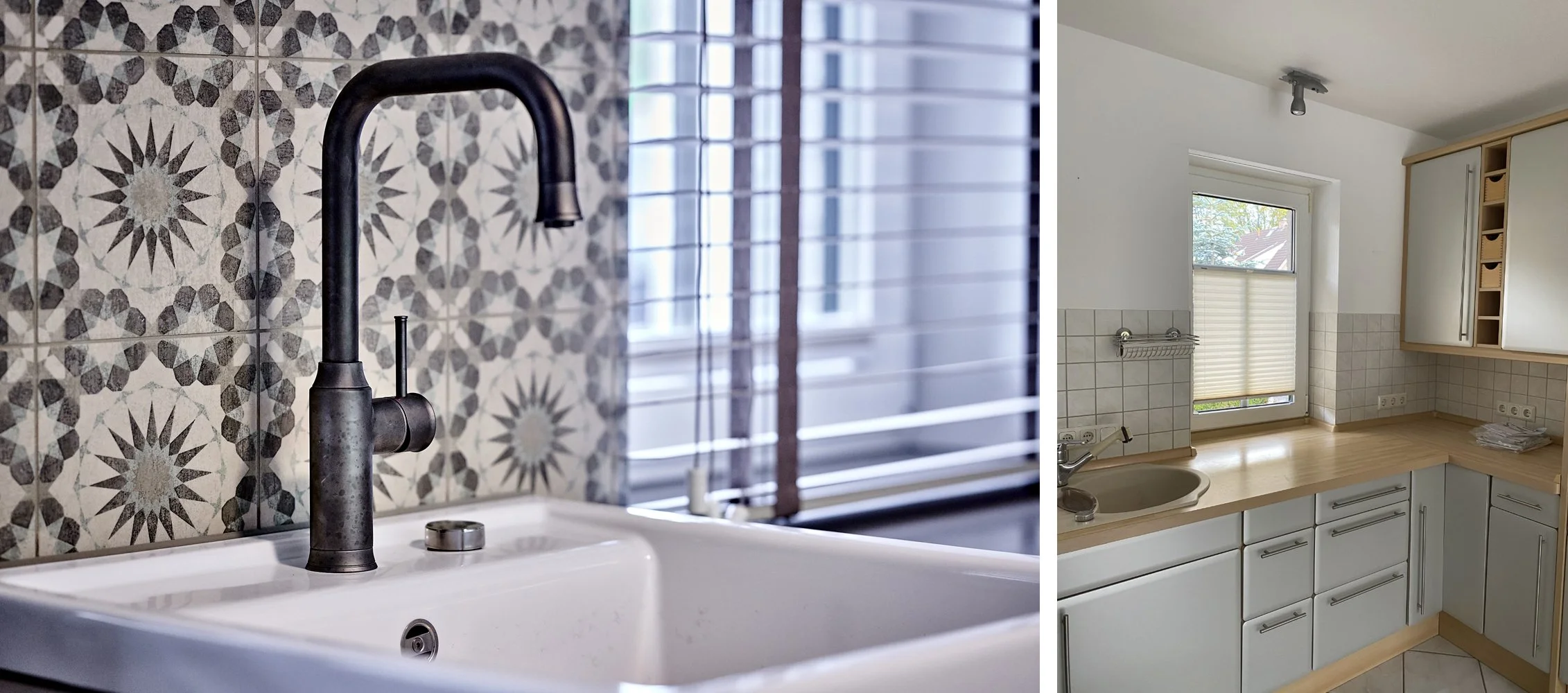 Küche Nachher Country Keramikspülbecken Wandfliesen floral Küche Vorher