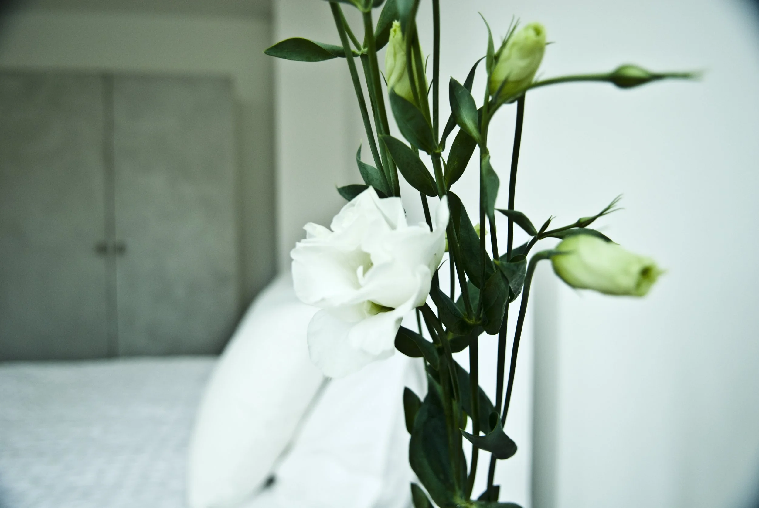 Blumendekoration Schlafzimmer weiss Kleiderschrank Betonfronten Ledergriffe grau