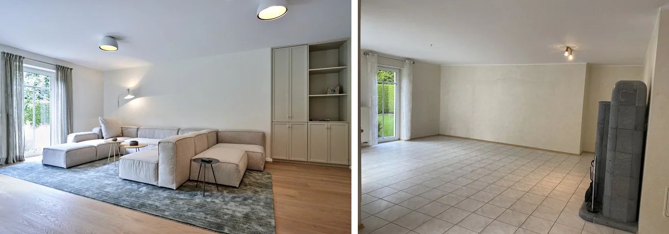 Wohnzimmer Nachher Modulsofa Flexteam hell Teppich Jacaranda Einbauschrank Tischler Wohnzimmer Vorher