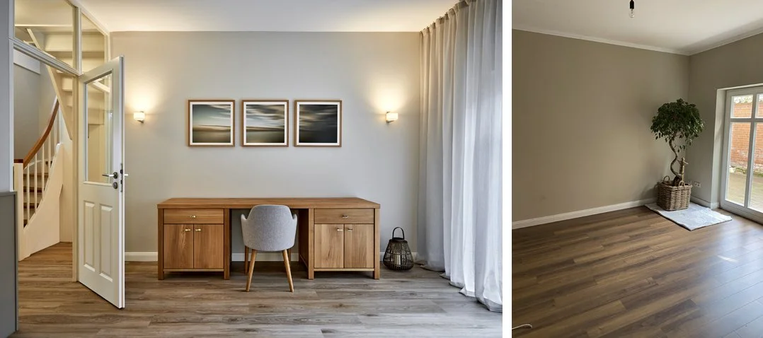 Schreibplatz Wohnzimmer Nachher hell Holz Wohnzimmer Vorher