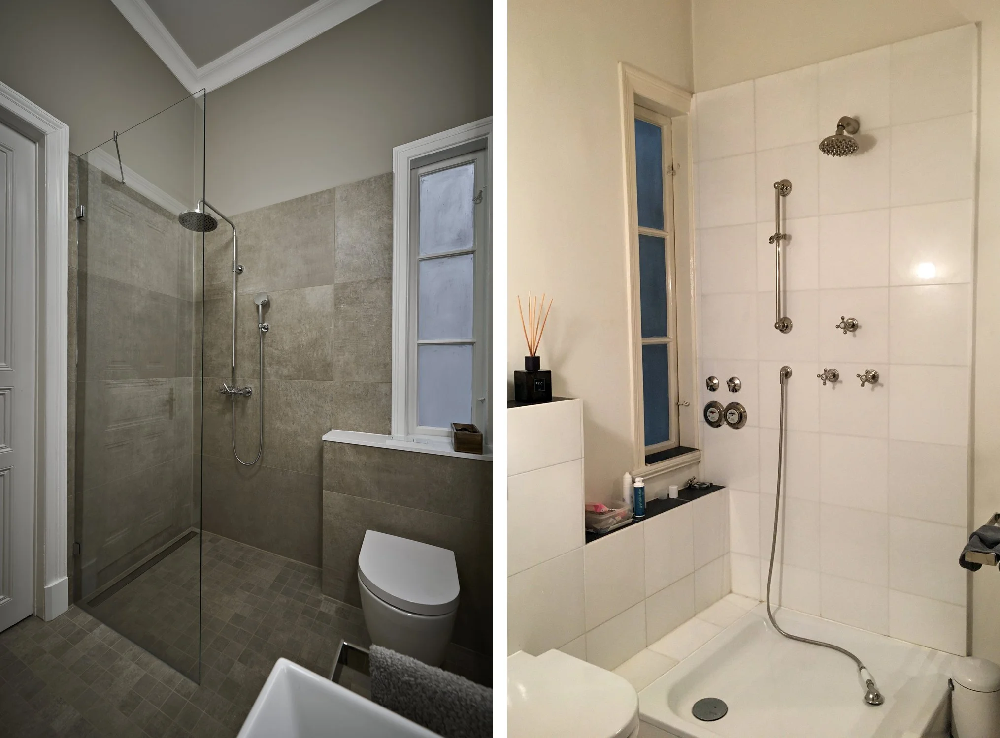 Duschbad Nachher Fliesen graubraun Dusche Weiss Vorher