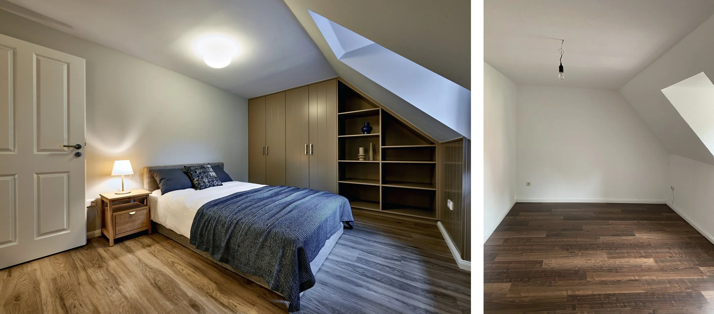 Schlafzimmer Nachher Bett Blaue Kissen Einbauschrank unter Schräge Tischler Schlafzimmer Vorher