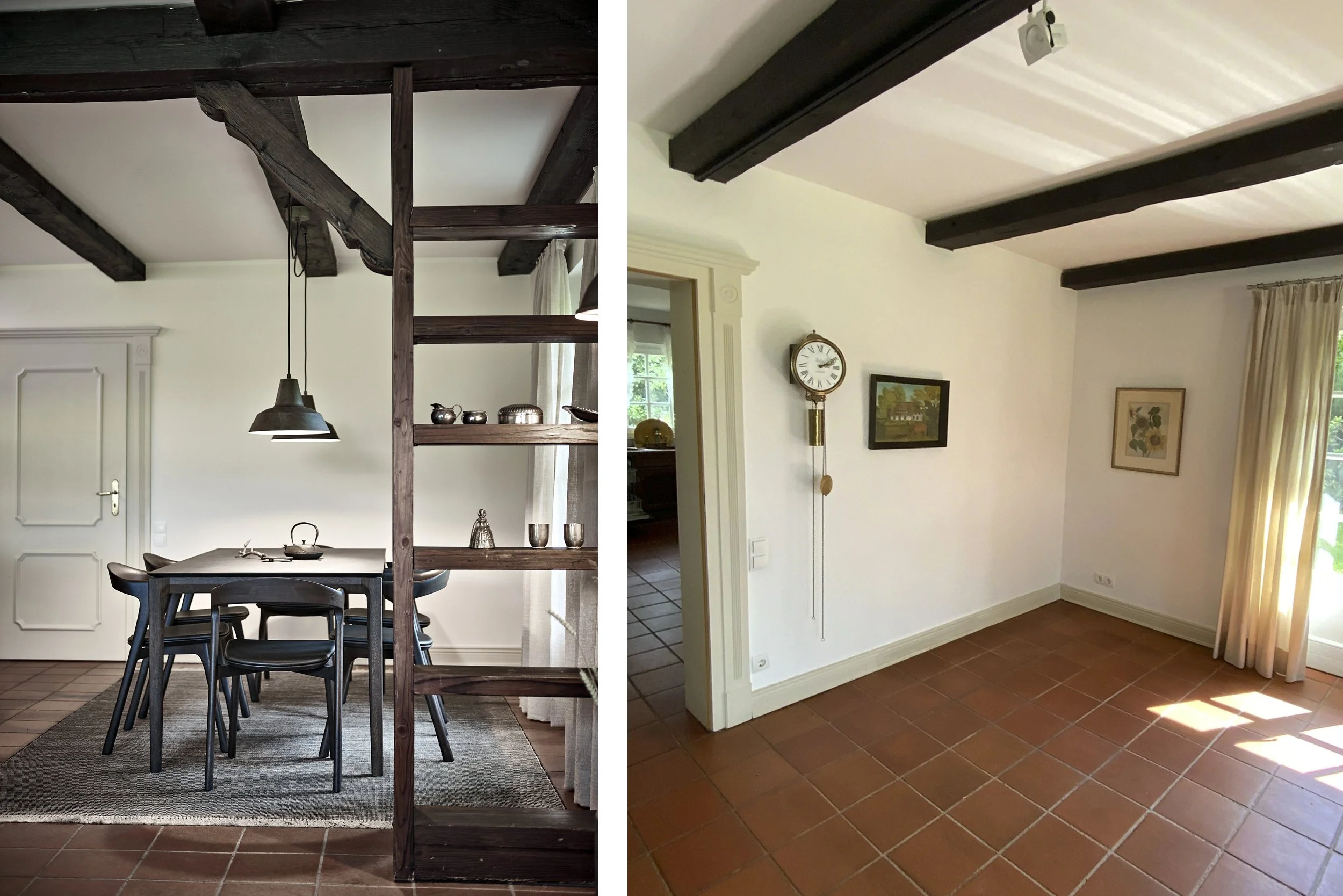 Esszimmer Ferienhaus Nachher Möblierung dunkles Holz Esszimmer Vorher