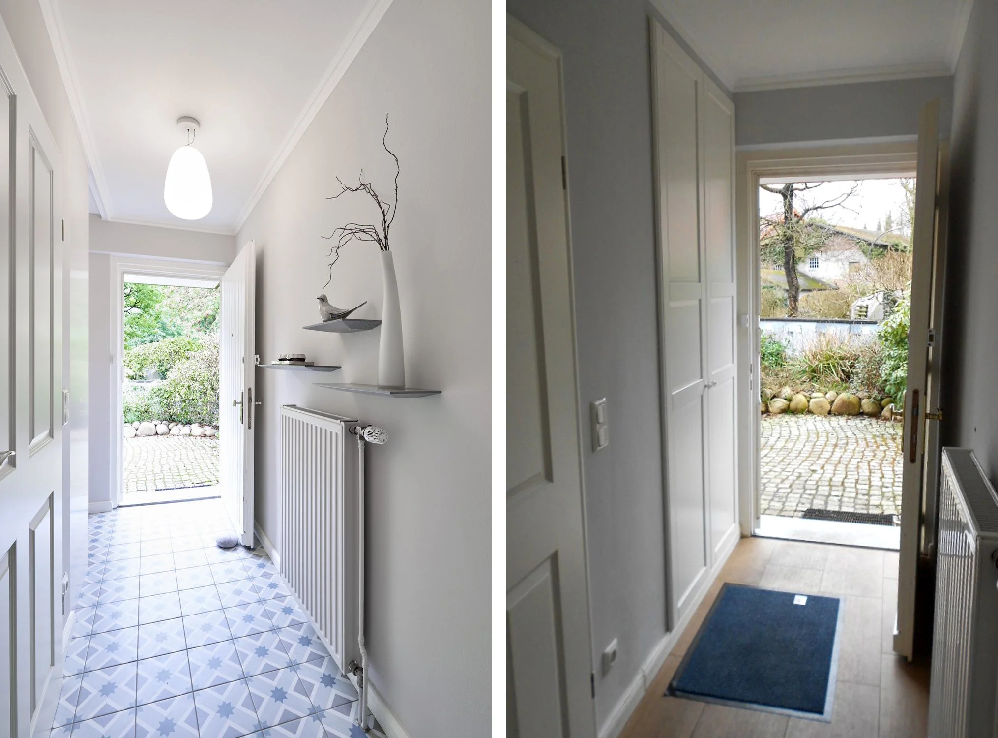 Eingang Flur Nachher hell gemusterte Bodenfliesen Flur Vorher
