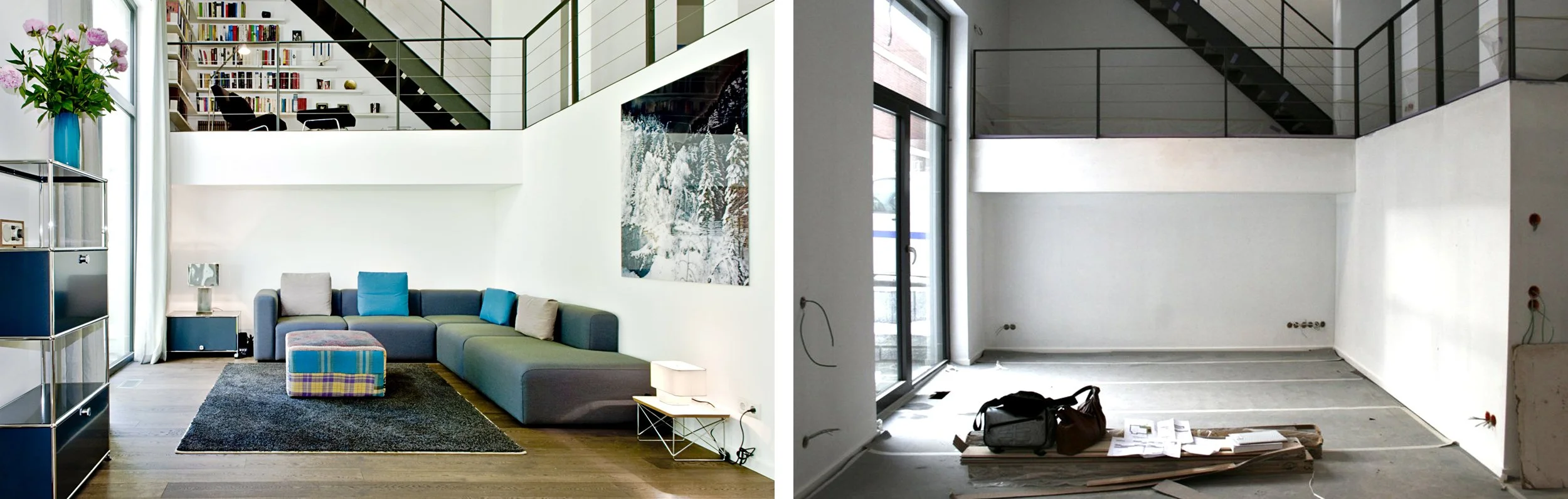 Wohnzimmer Nachher-Vorher Bunt USM Haller Sideboard Blau Sofa Hat