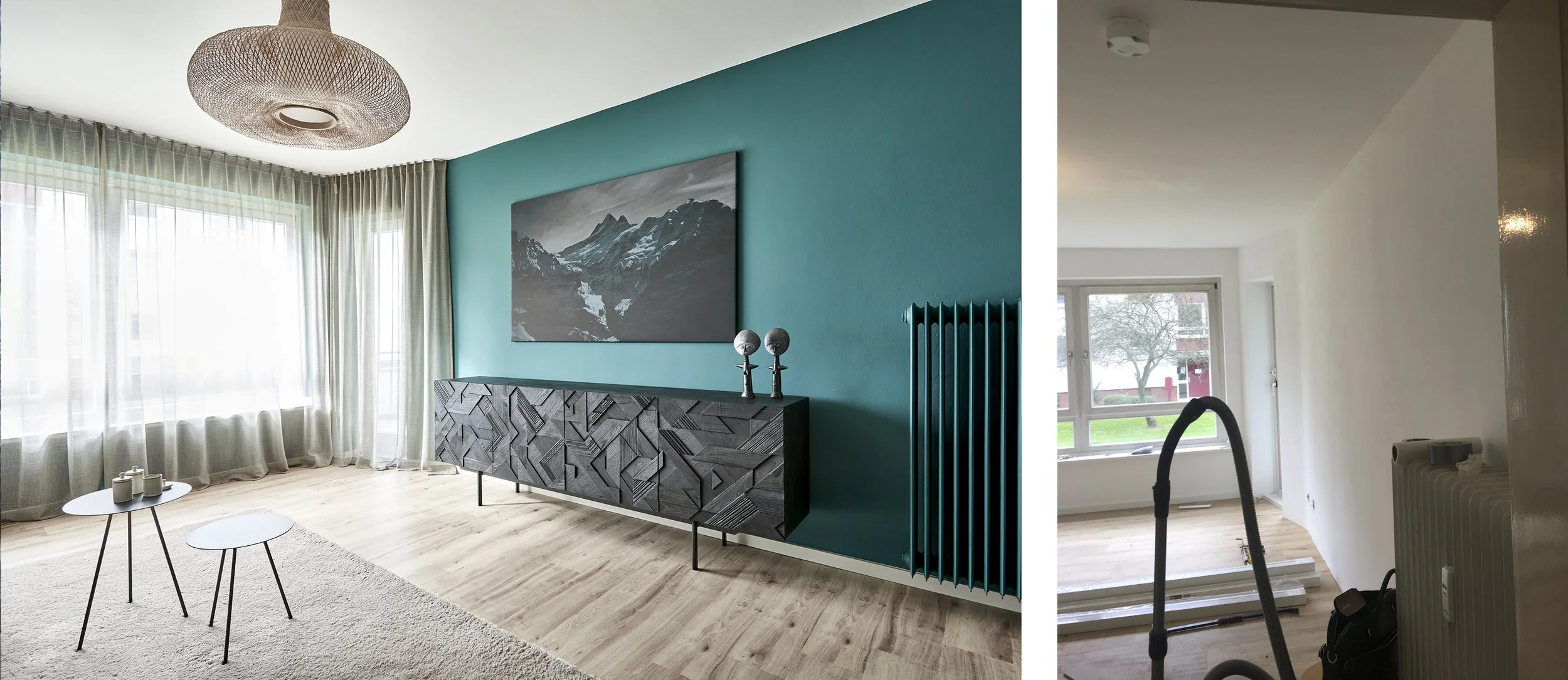 Wohnzimmer Nachher Wand grün Sideboard schwarz Holzboden hell Wohnzimmer Vorher