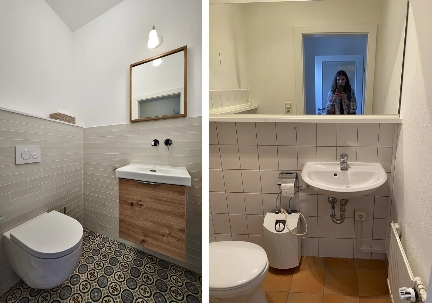 Gästebad Nachher Bodenfliesen gemustert Waschtisch Holz Gästebad Vorher