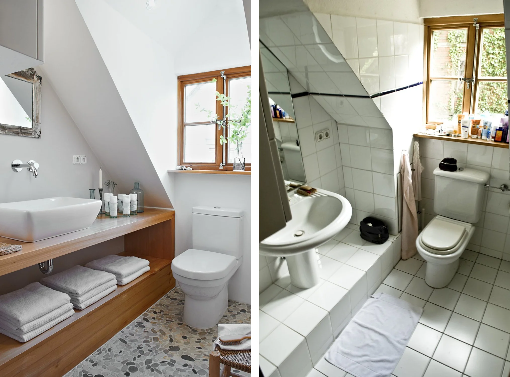 Bad Country Nachher Kieselsteinboden Waschtischanlage Holz Bad Vorher