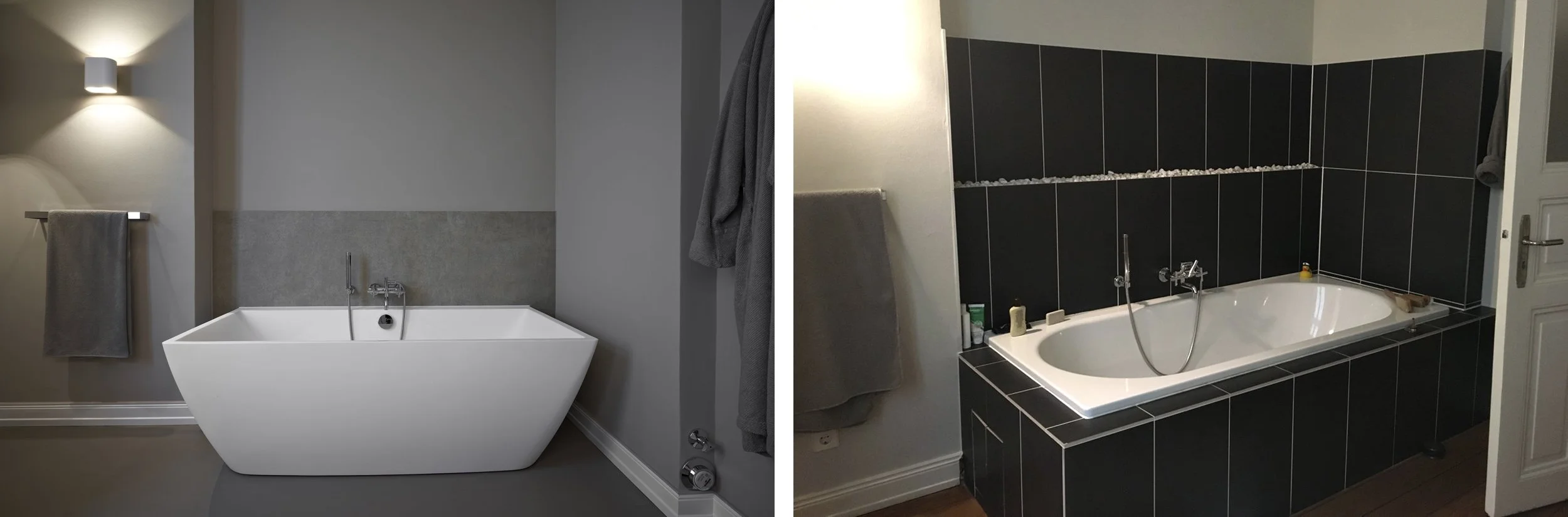 Bad Altbau Nachher Badewanne freistehend Holzboden lackiert Bad Vorher