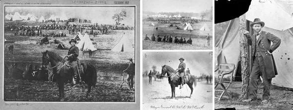 Composition of three different photos for the portrait of Ulysses S. Grant, a statue of the North and the 18th President of America.