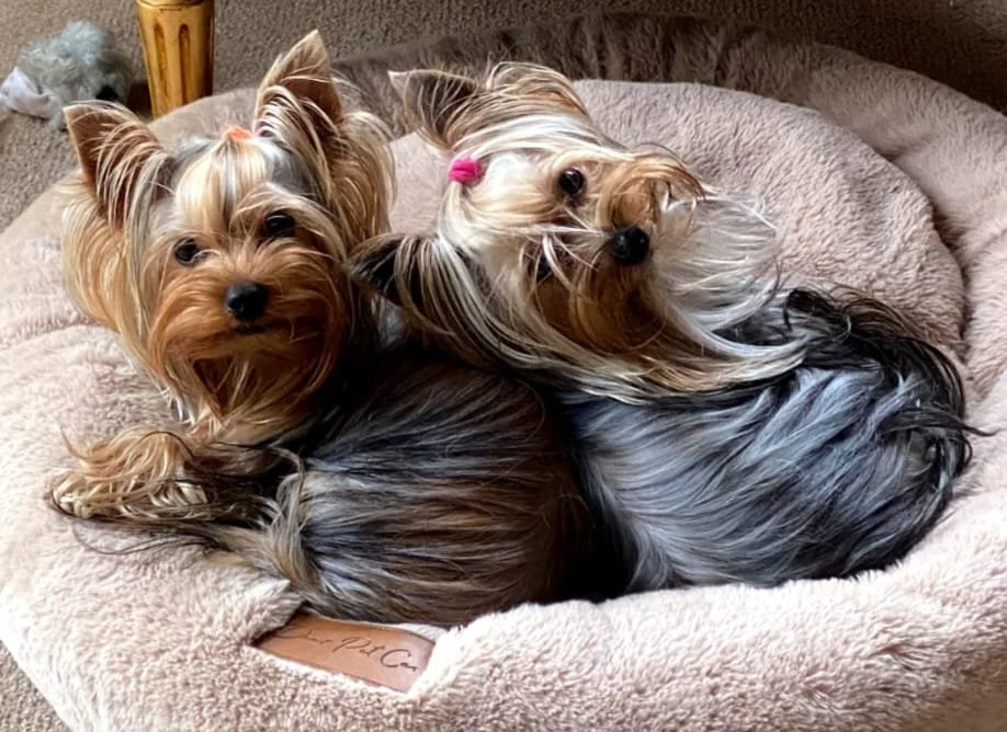 Two Yorkshire Terriers lying together on a soft, round beige dog bed.