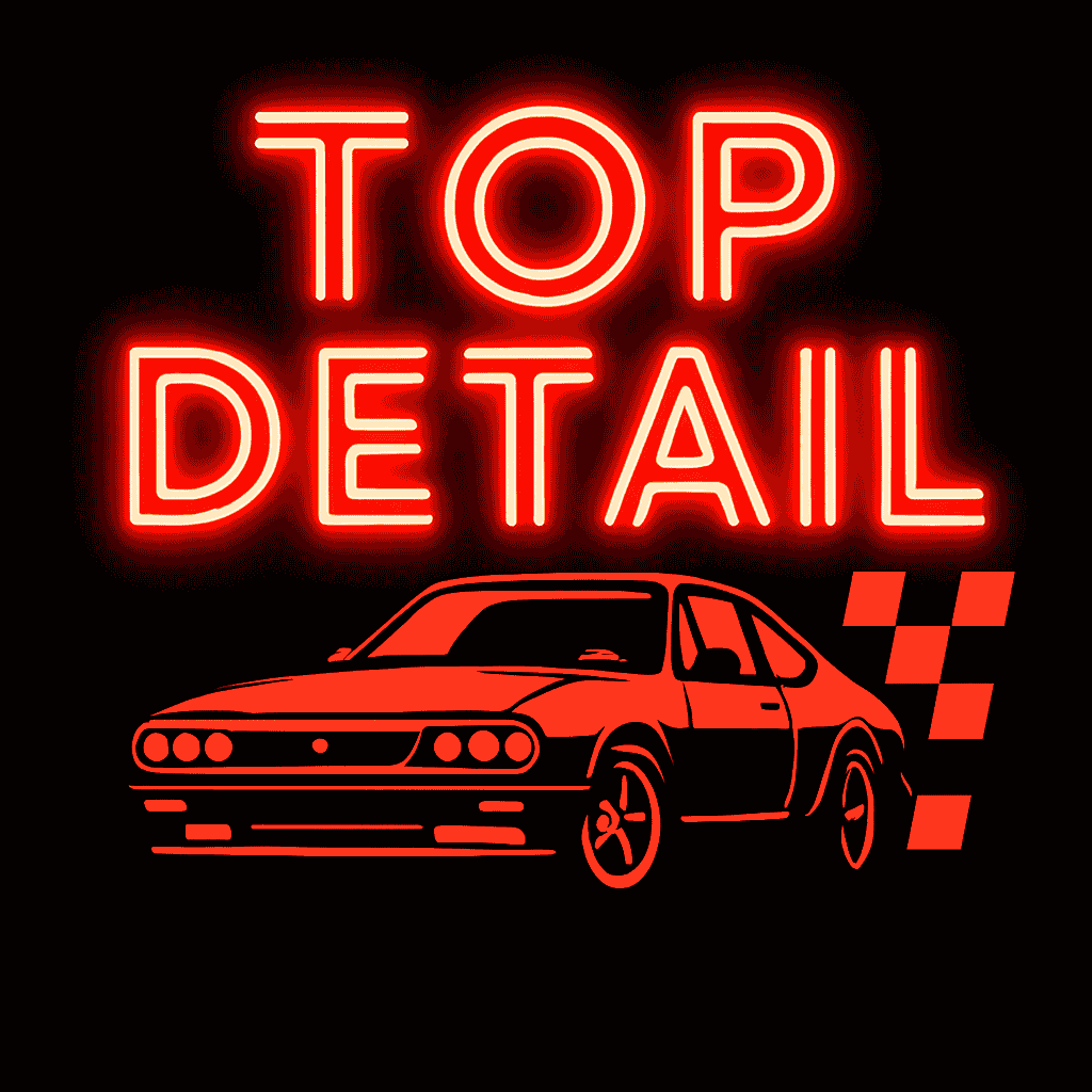 Neon sign with the words "TOP DETAIL" and a red illustration of a vintage car with a checkered pattern on the side.