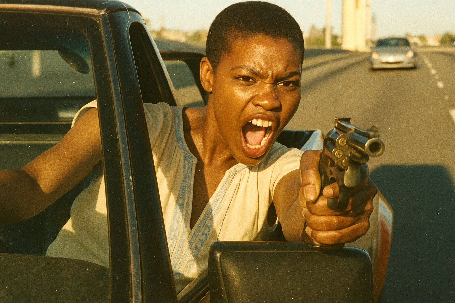 A woman with short hair and an intense expression points a gun out of a car window, appearing aggressive or angry on a highway during daylight.