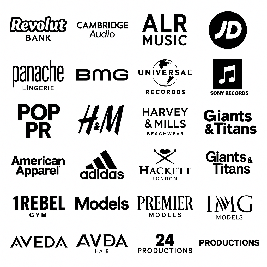 A collection of various company logos in black and white, including Revolut Bank, Cambridge Audio, ALR Music, JD, Panache Lingerie, BMG, Universal Records, Sony Records, Pop PR, H&M, Harvey & Mills Beachwear, Giants & Titans, American Apparel, Adidas, Hackett London, Rebels Gym, Models, Premier Models, IMG Models, Aveda Hair, 24 Productions, and Productions.