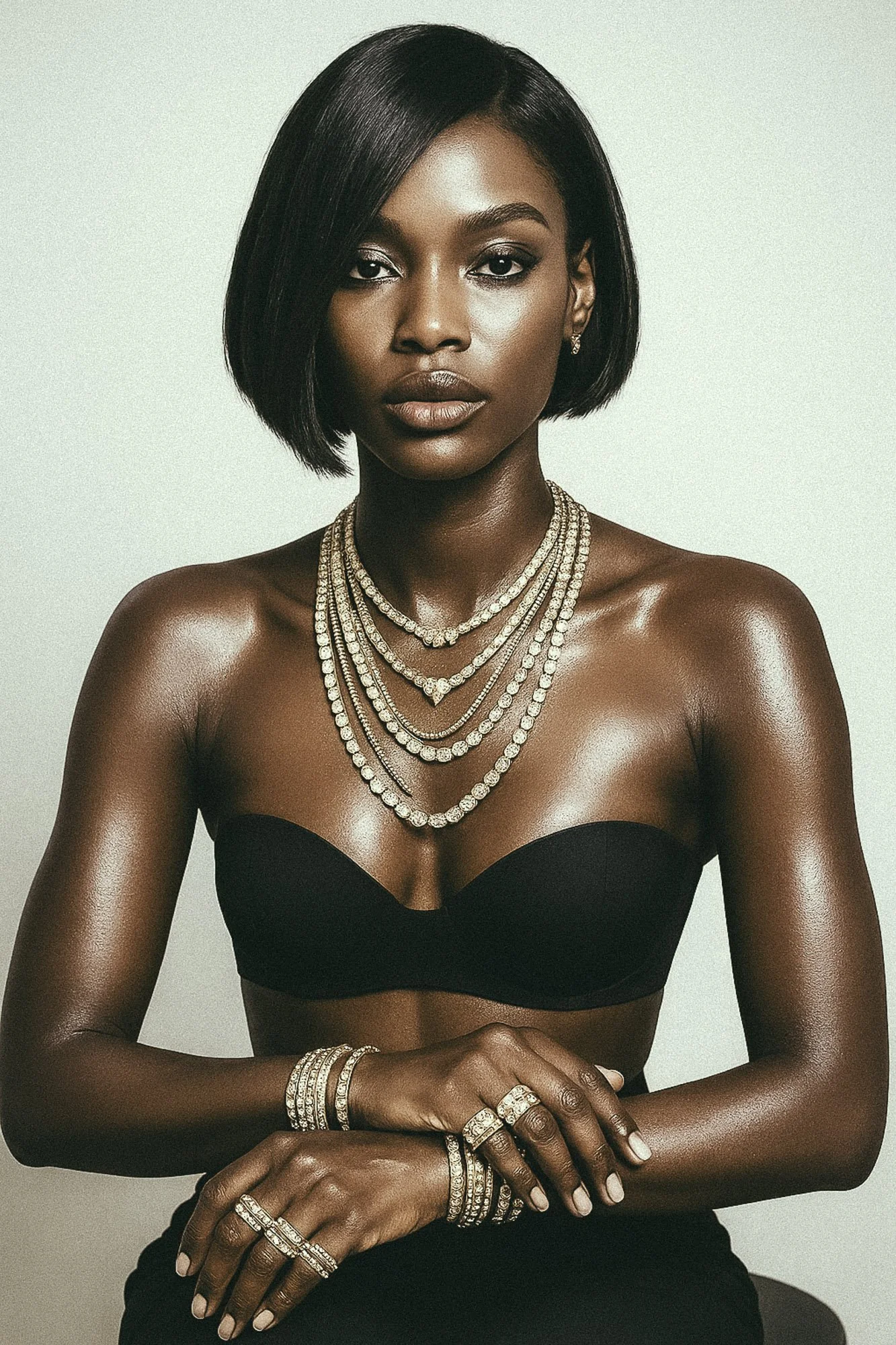 A woman with dark skin and short black hair wearing multiple necklaces and rings, dressed in a black strapless top, posing with her hands crossed.