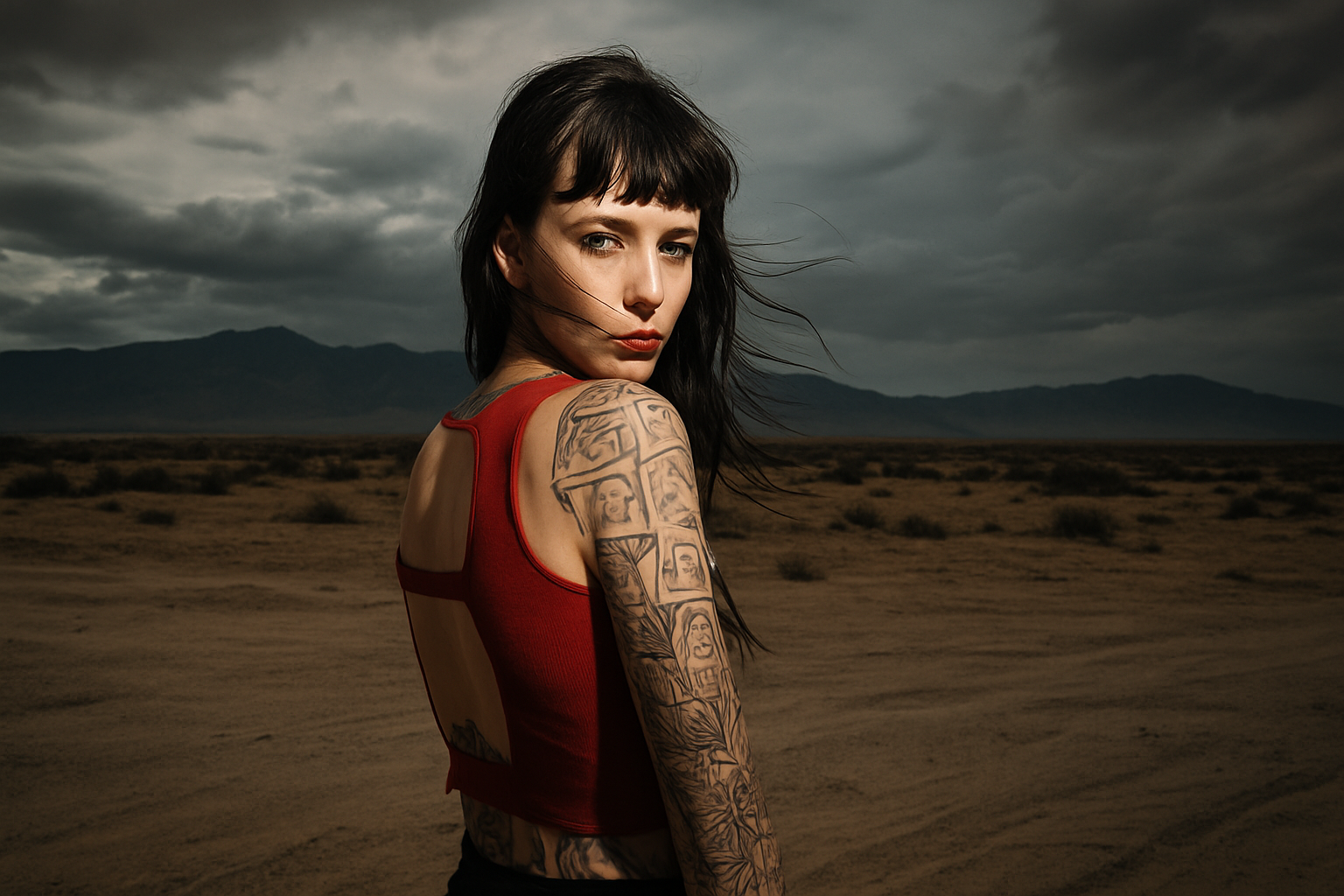 A woman with black hair and tattoos on her arm and shoulder, wearing a red top, stands in a barren desert landscape under dark, stormy clouds.