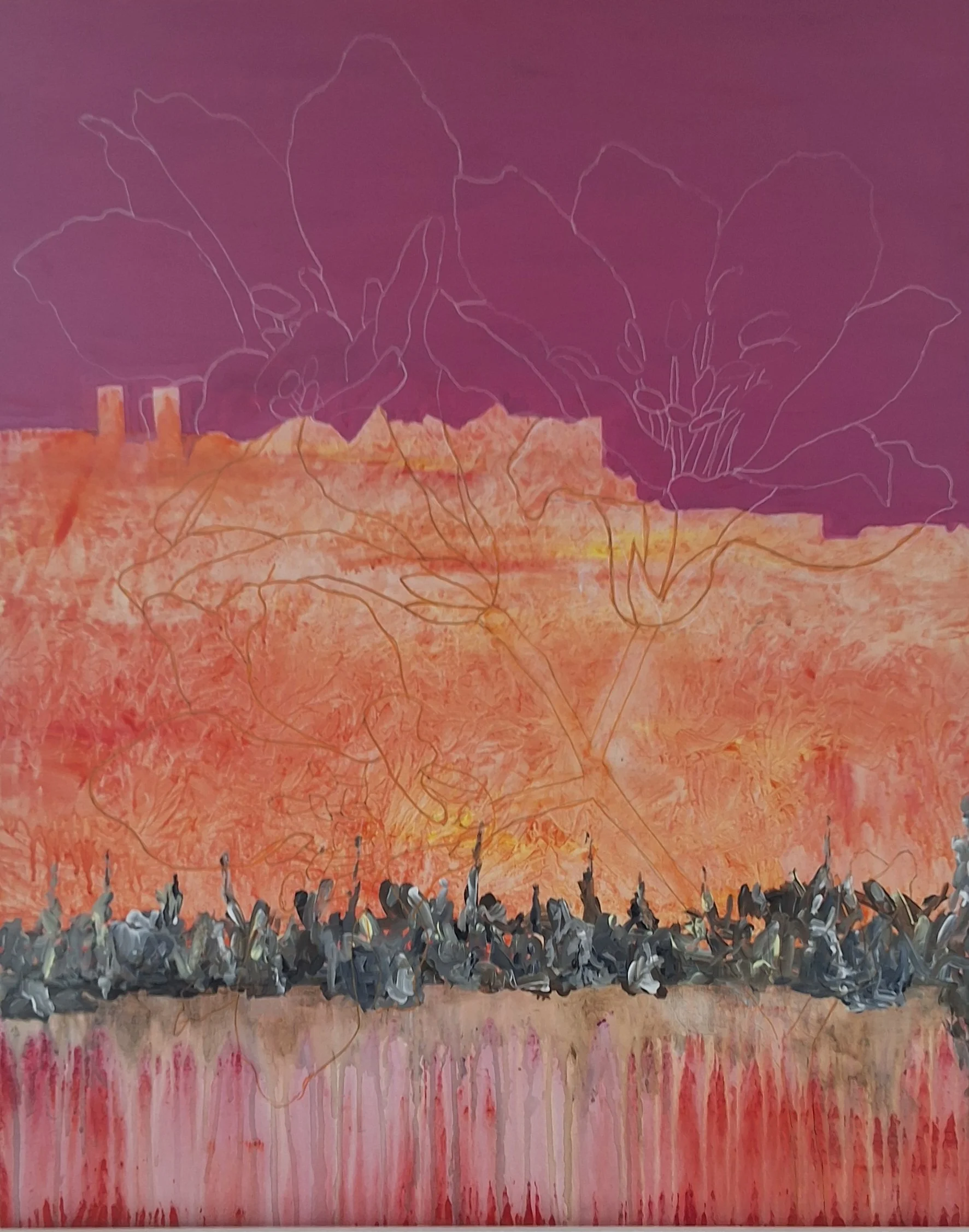Blomster i landskab, 2025, Acryl på lærred, 100x70 cm.