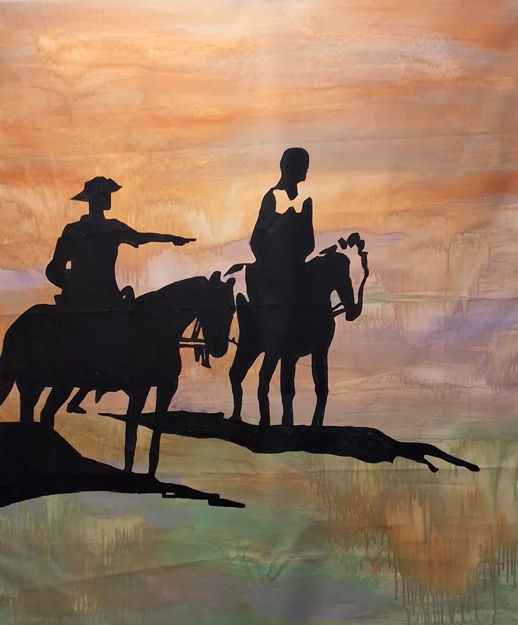  DERNEDE LIGGER SWEETWATER, JULIE. ACRYL PÅ LÆRRED. 117X98 CM  