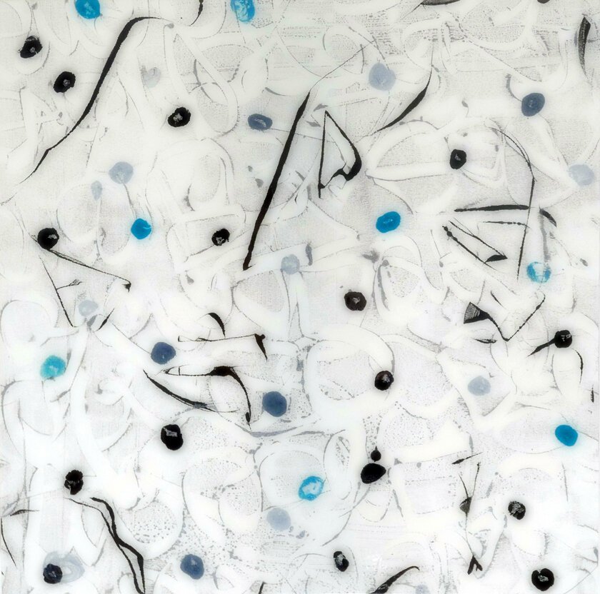 Galaxy Clusters#2, Encaustic Monotype, Acrylic on Panel, 18"x 18"