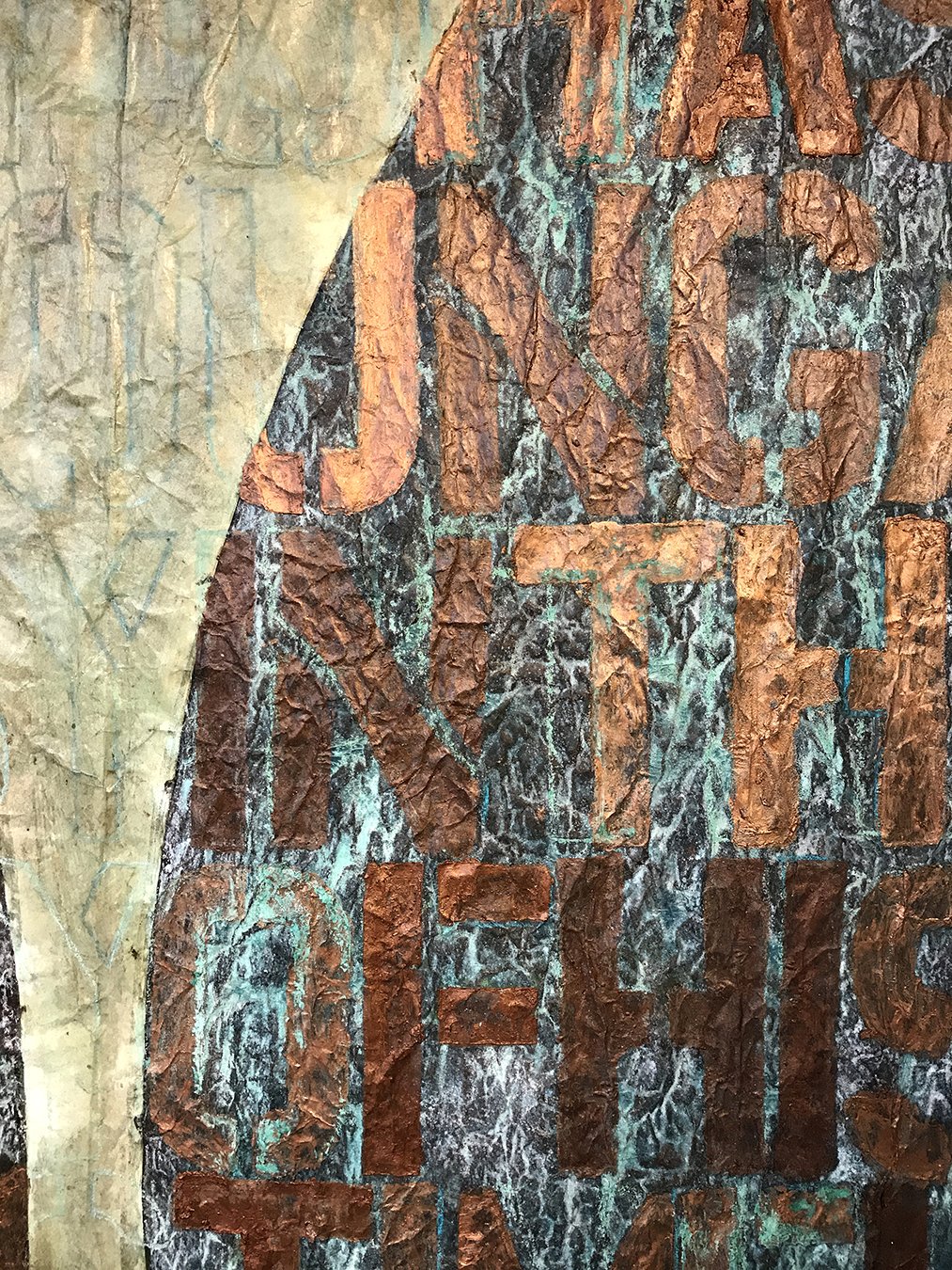 Time held me green and dying… though I sang in my chains like the sea  (for Dylan Thomas), 73” H x 39” W x 3” D, Mixed media on paper with steel, detail