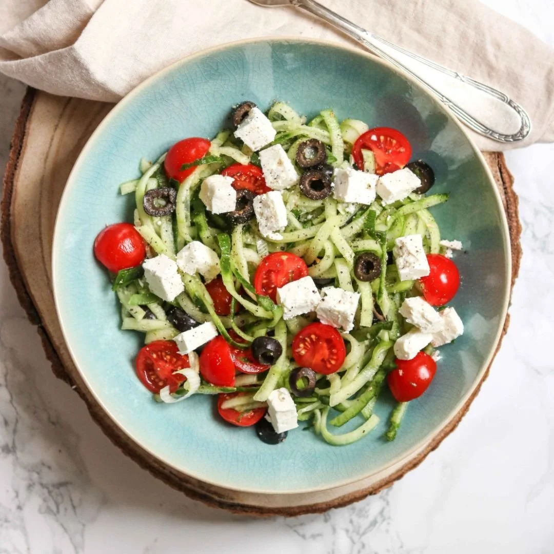 Zucchini noodle Greek salad | Eat Shed Glow® low-carb Mediterranean weight loss recipe