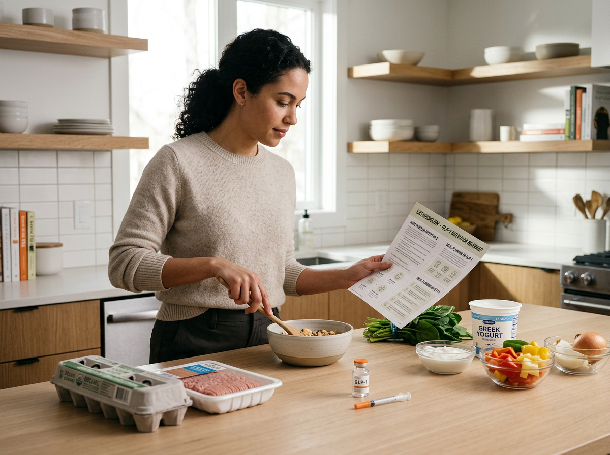 Woman on glp-1 cooking a high-protein meal while reading the Eat Shed Glow glp-1 nutrition roadmap