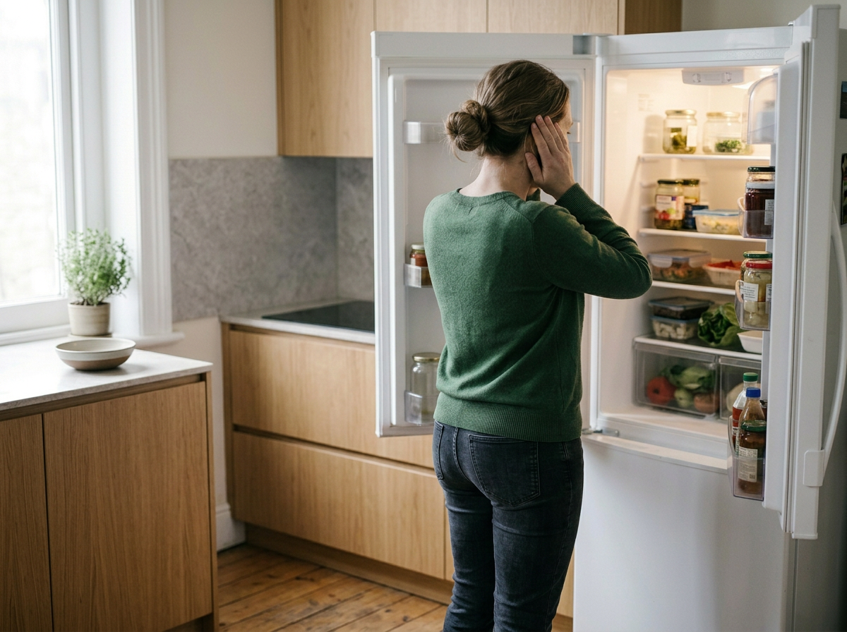 Person standing at an open fridge covering their ears, overwhelmed by food noise