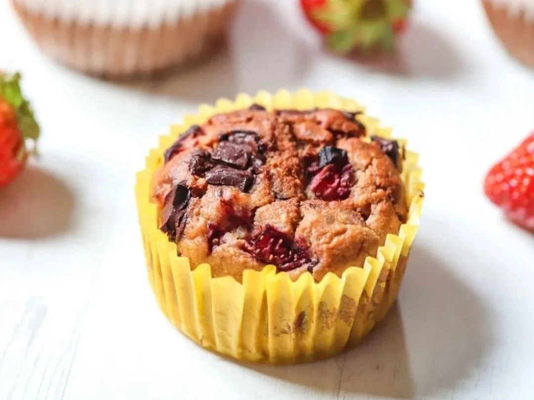 Strawberry protein muffins in liner
