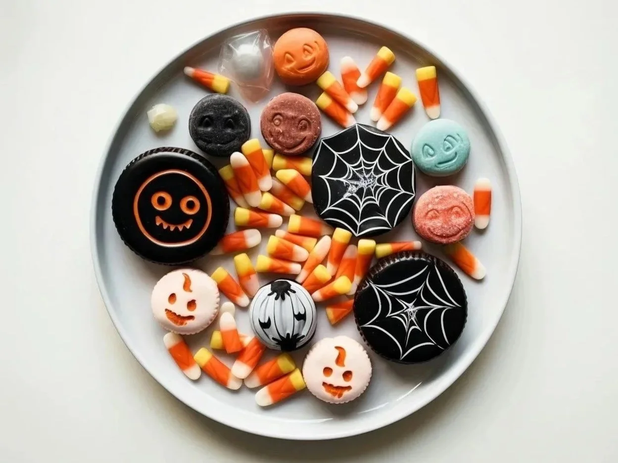 Bowl of assorted Halloween candy on a kitchen counter