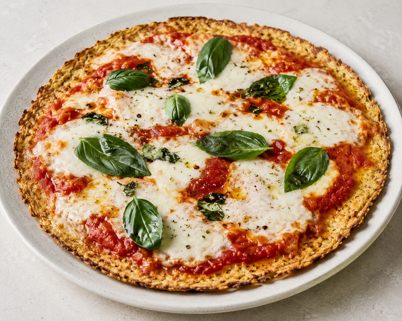 Low-carb Margherita pizza with tomato sauce, melted mozzarella and fresh basil on a thin crust