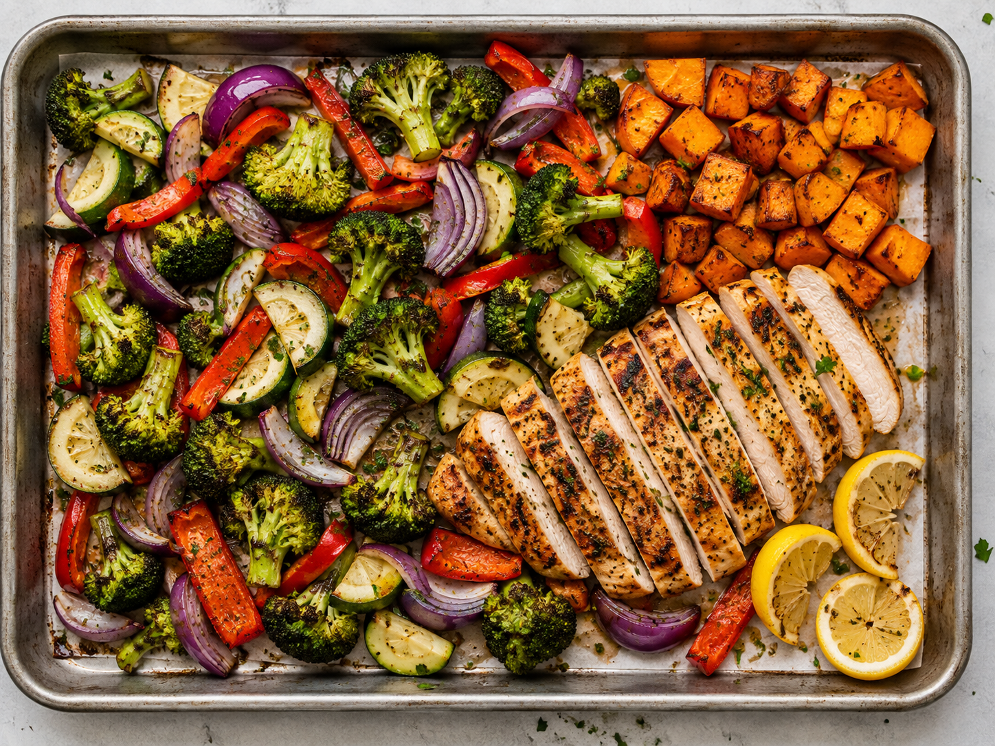 Sheet pan chicken with roasted broccoli, bell peppers, zucchini, red onion and sweet potato