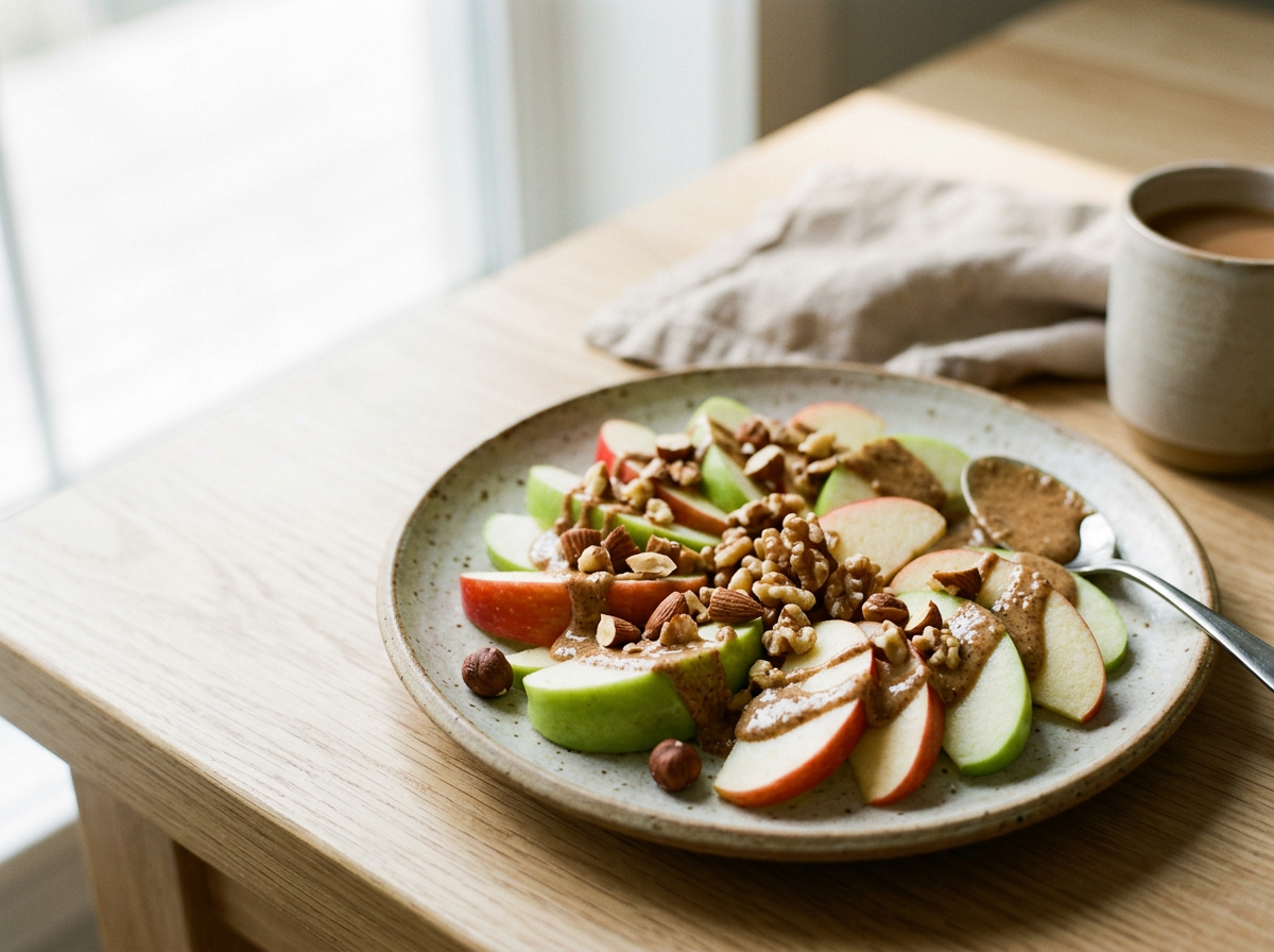 Apple slices with almond butter and nuts on a plate