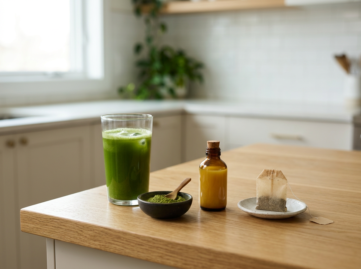 Green juice and cleanse products on a kitchen counter