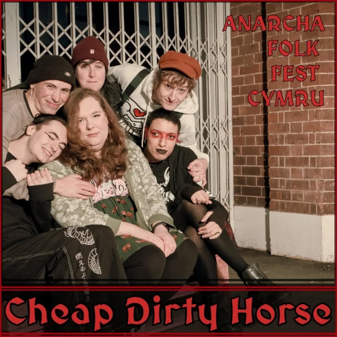 Cheap Dirty Horse are a big rowdy queer trash folk-punk band from Nottingham. Blending acoustic and electric guitar with banjo, accordion, bass, drums, and sometimes mandolin, they write energetic, joyful protest music. They sing about trans rights,